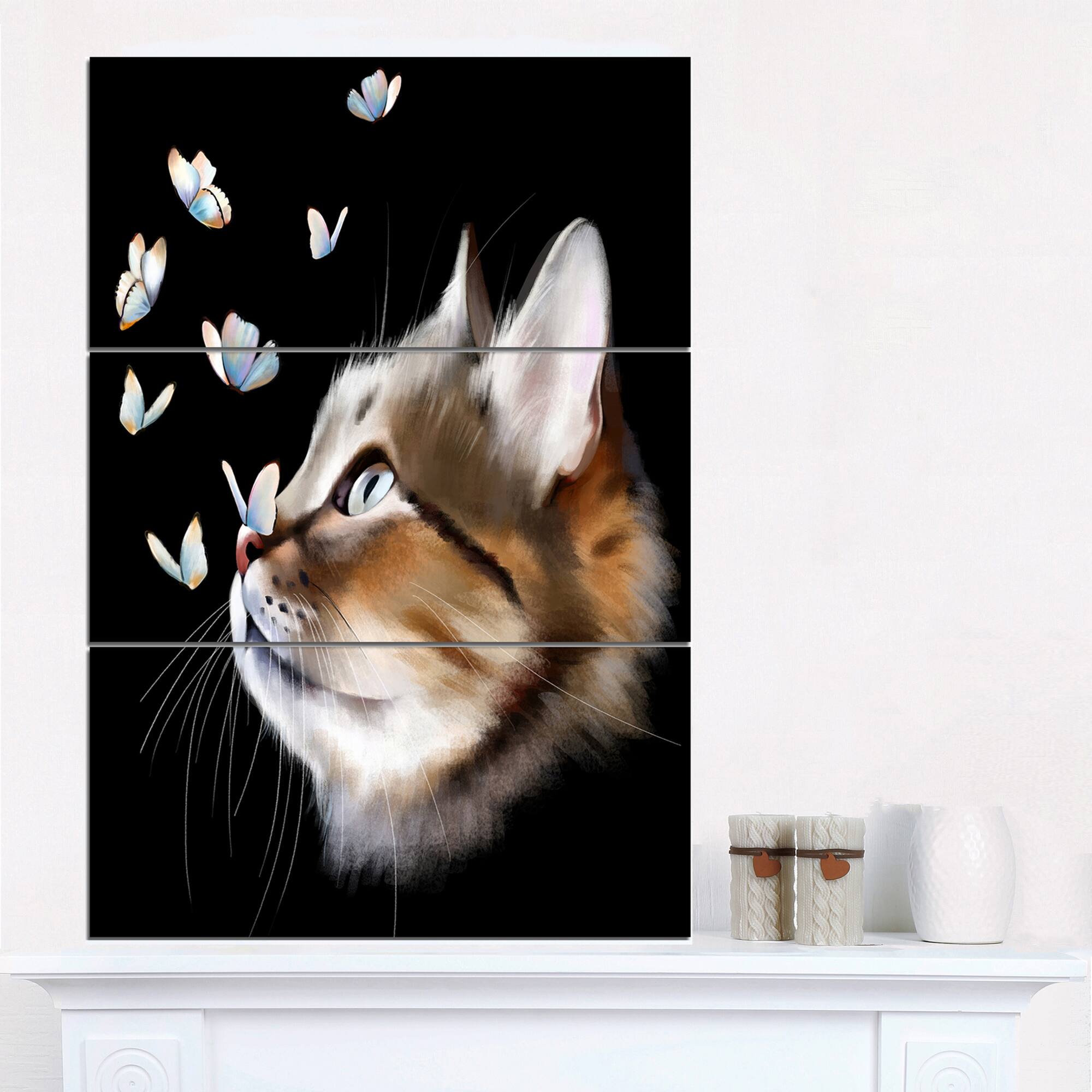 Designart - Cat with Butterflies on Black